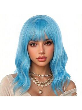 Women's Blue Classic 14 Inch Natural Synthetic Short Wavy Curly Bob Wigs